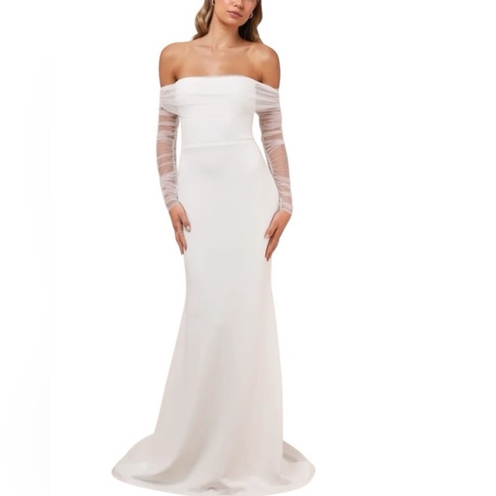 NWT Lulus Beloved White Mesh Off the Shoulder Wedding Dress Sizes Avail XS S M L